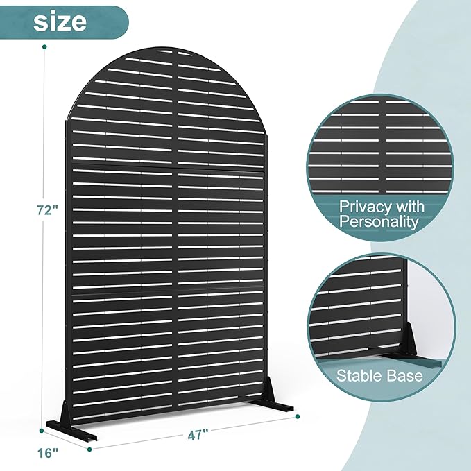 FENCY Metal Privacy Screen with Stand 72" H×47" W Outdoor Freestanding Privacy Panels, Arched Outdoor Privacy Screen for Deck Patio Balcony(Black-Louvered)