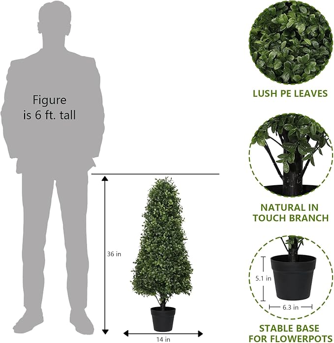 3ft Artificial Boxwood Topiary Trees (Set of 2) - UV Resistant Faux Plants Outdoor, Realistic 36" Fake Cone Bushes and Shrubs for Front Porch, Planter, Patio - Low Maintenance & Evergreen