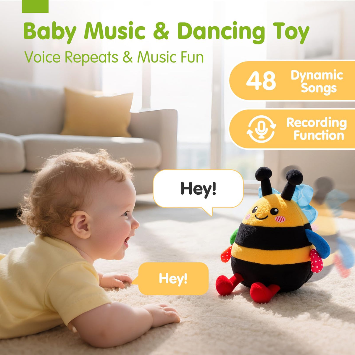 hahaland Musical Tummy Time Bouncing Plush Bee Crawling Toy for 6 Month