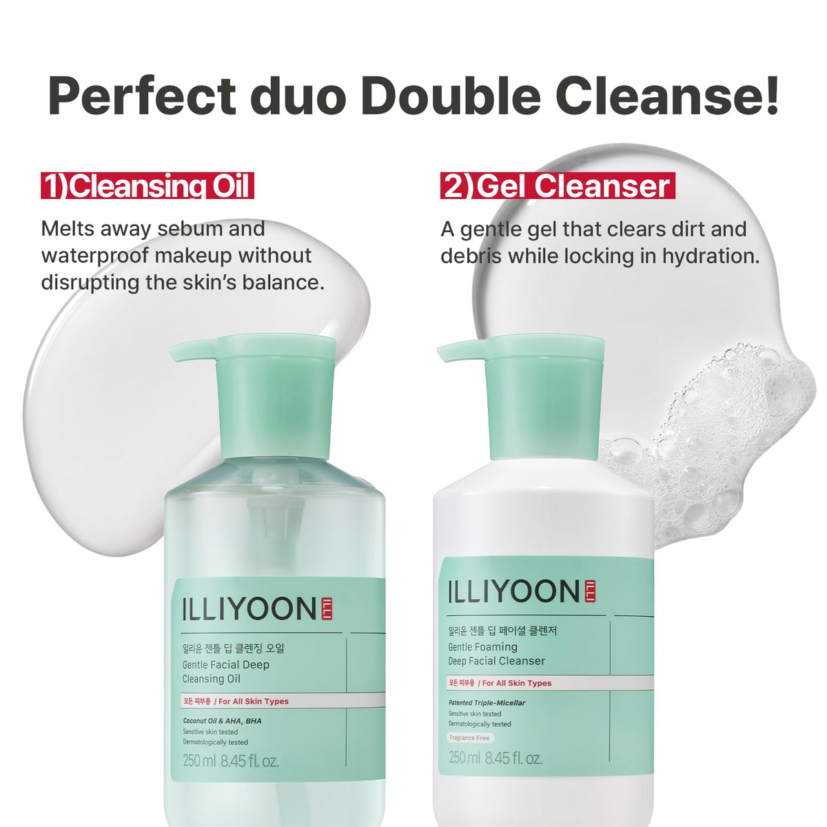 Illiyoon Gentle Deep Facial Cleanser | Low pH Gel-to-Foam Face Wash for Sensitive Skin, Hydrating Gel Cleanser & Daily Makeup Remover, Korean Skincare, 8.45 fl.oz.