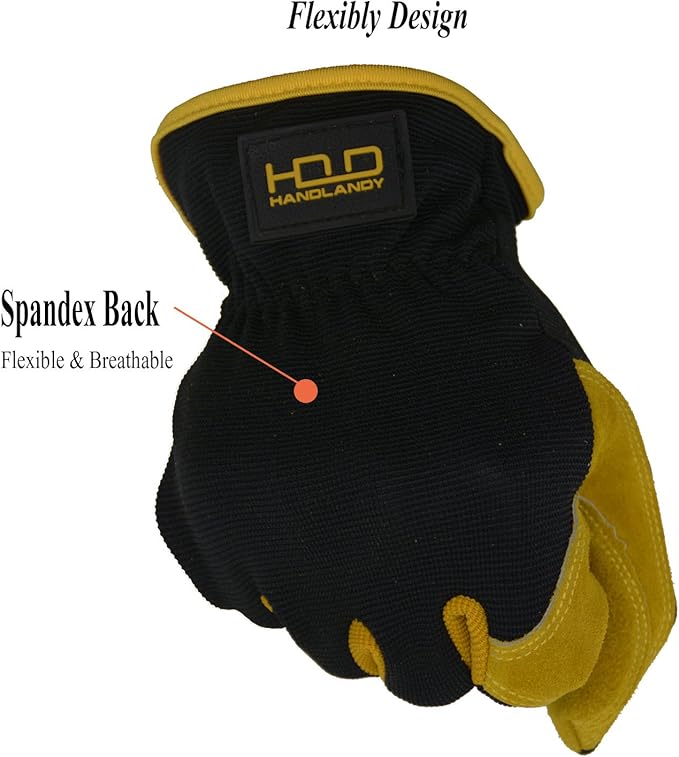 HANDLANDY Leather Work Gloves for Men & Women, Reinforced Durable Garden Gloves, Cowhide Working Glove for Gardening
