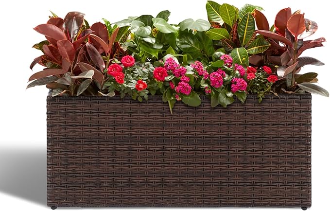 LEWIS&WAYNE Large Rectangular Block Planter Box Handmade Wicker Tall Planters for Outdoor Plants with Removable Liners Modern Planter for Indoor Outdoor Patio Deck - Brown, 30''x12''x16''