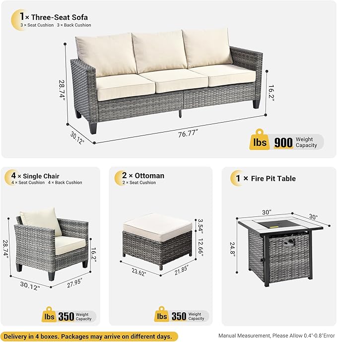 ovios 8 Pieces Patio Furniture Set with 30" Fire Pit Table, Outdoor Wicker Sofa with Comfy Cushions, All Weather High Back Rattan Couch Conversation Set, Beige