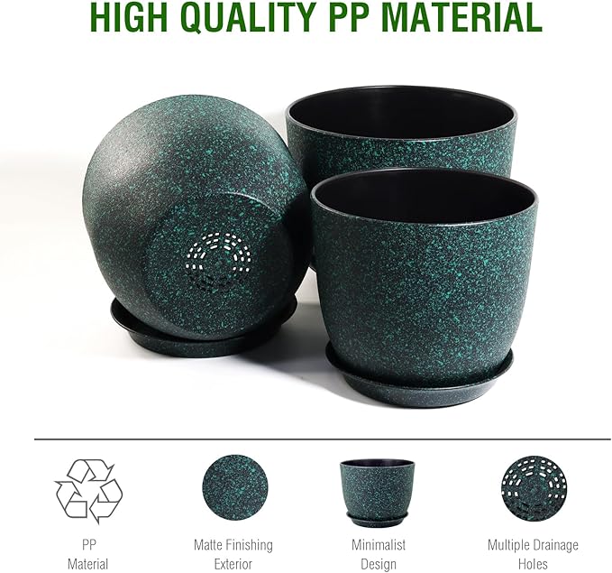 Plant Pots 9/8/7.5inch, Set of 3 Modern Decorative Plastic Planters with Drainage Holes and Saucer for Garden House Plants, Flower Pots for Indoor Outdoor Plants, Black with Green Speckles