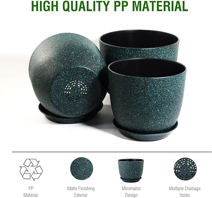 Large Flower Pots 12/10/9 inch, Set of 3 Decorative Plastic Planters with Drainage Holes and Saucers for Garden House Plants, Plant Pots for Indoor Outdoor Plants, Black with Green Speckles