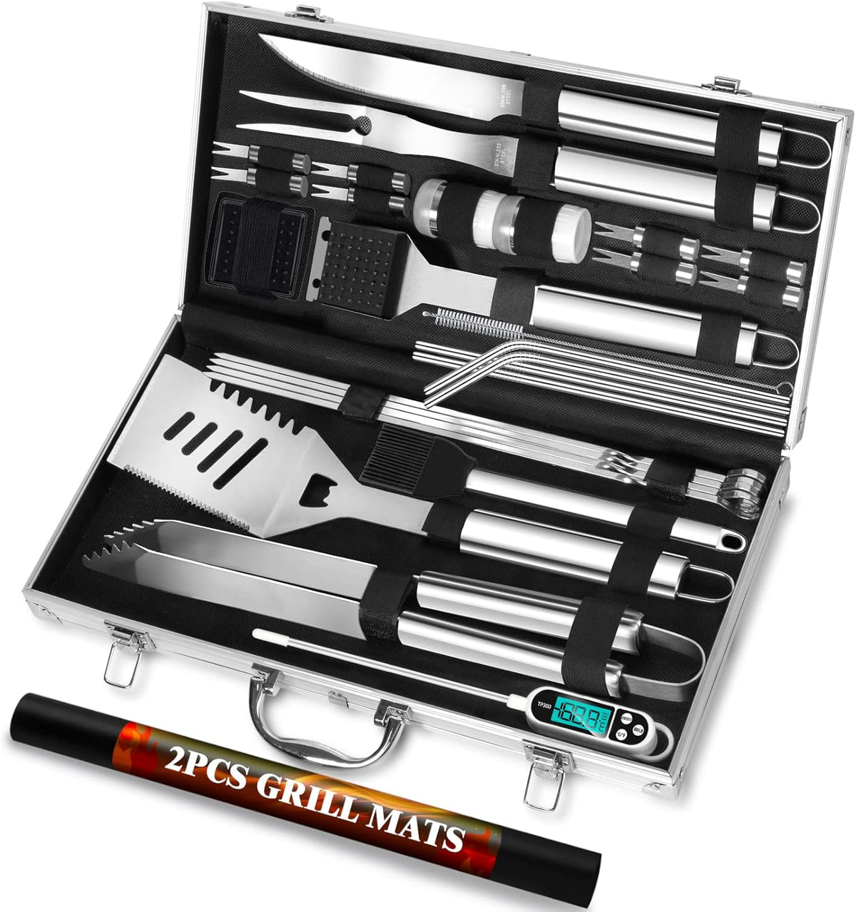 ROMANTICIST 30pcs Stainless Steel Grill Tool Set, Heavy Duty BBQ Grilling Accessories for Men Women, Non-Slip Grill Utensils Kit with Thermometer Mats in Aluminum Case for Fathers Day Silver