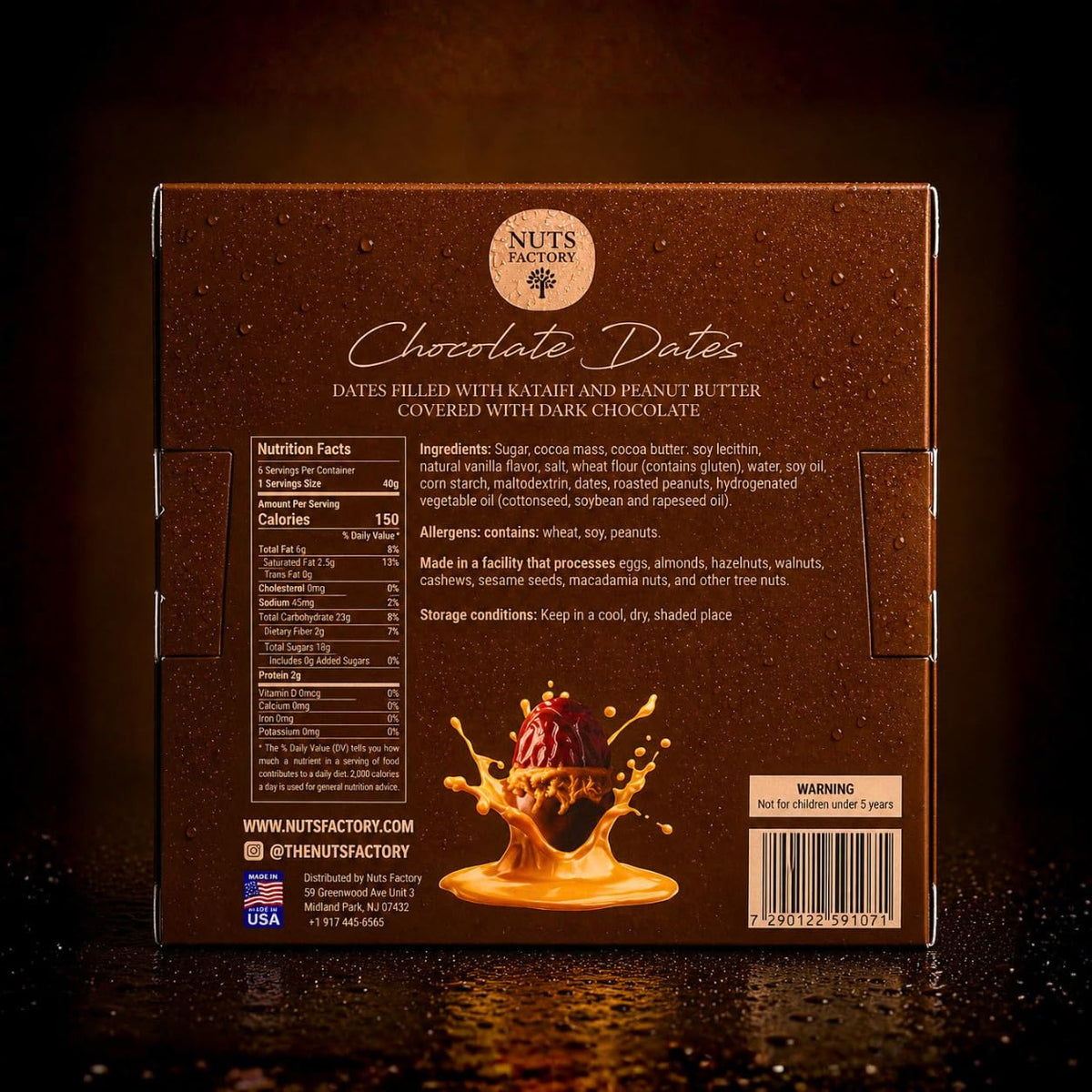 Nuts Factory Chocolate Dates - Dark Chocolate Covered Dates with Kataifi & Peanut Butter Filling, Gourmet Stuffed Date Dessert Treats