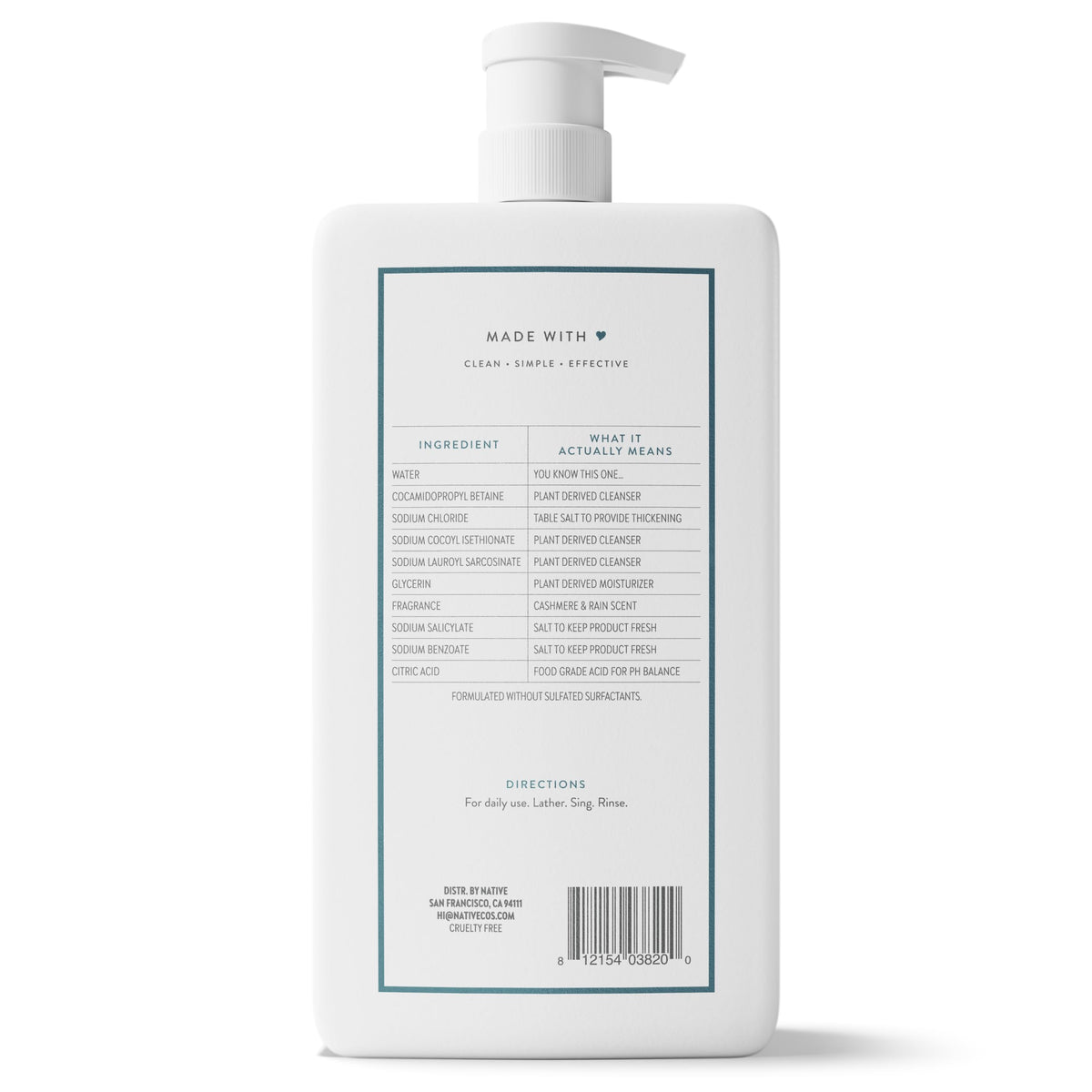 Native Clean Body Wash, Gentle & pH-balanced for Sensitive Skin, 24-Hr Freshness for Women & Men, Vegan & Cruelty-Free, Free of Sulfates, Parabens & Phthalates, Cashmere & Rain, 36 oz