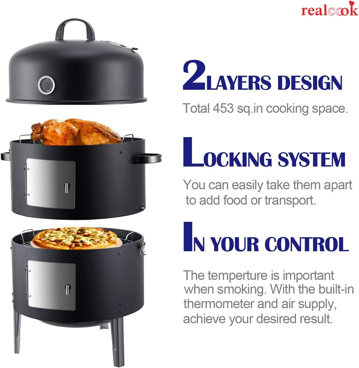 Realcook Vertical 17 Inch Steel Charcoal Smoker, Heavy Duty Round BBQ Grill for Outdoor Cooking, Black