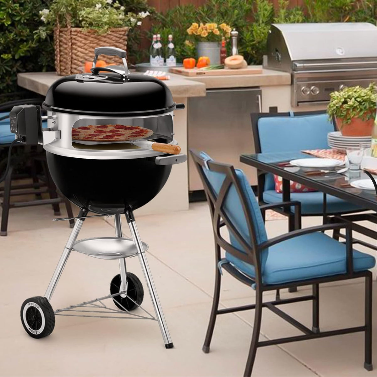 only fire Stainless Steel Multi-Purpose Rotisserie and Pizza Combo Kit for Weber 18" and Other Similar Kettle Grills - Include Pizza Peel and Pizza Stone
