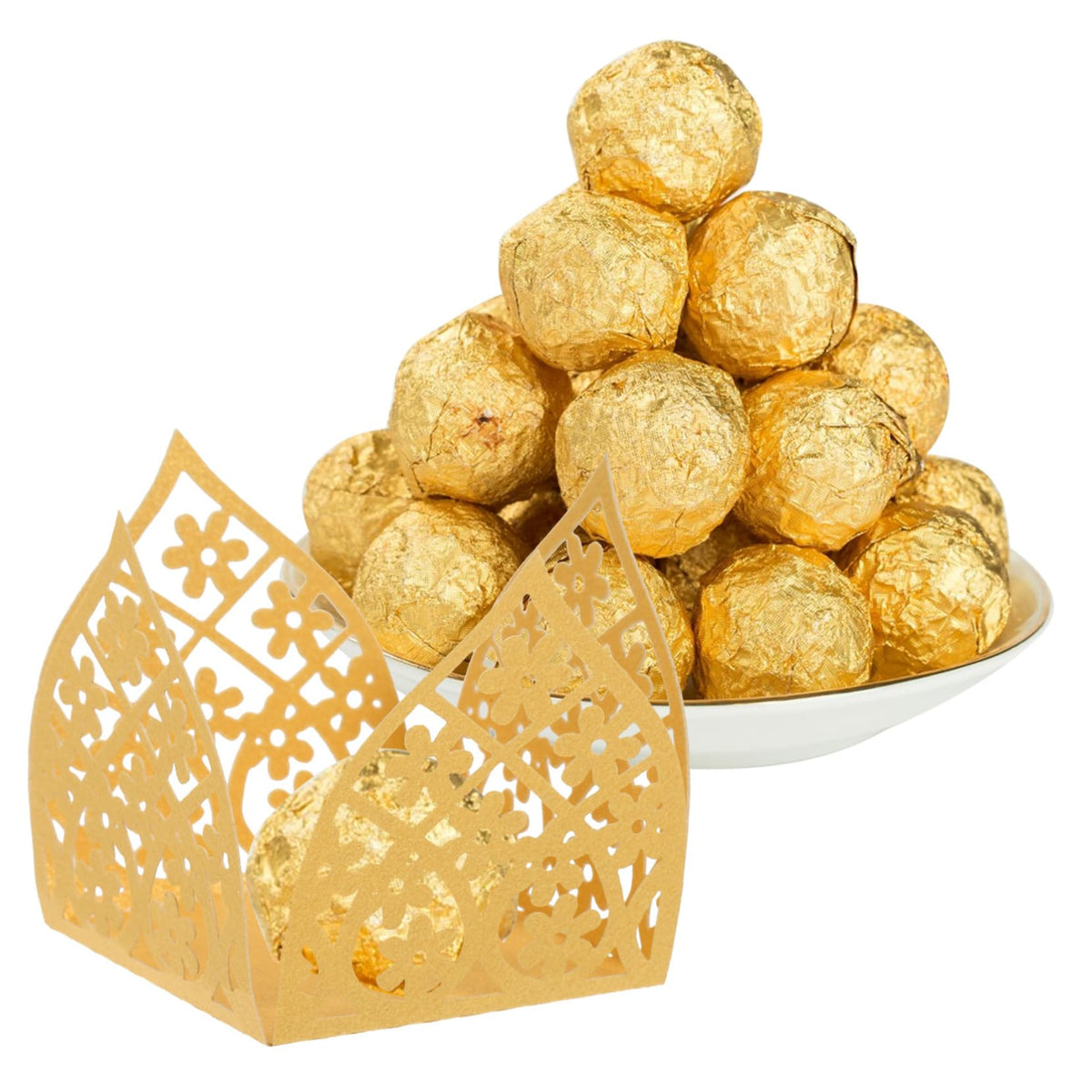 OFFSCH 50Pcs Hollow-out Flower Truffle Cups Chocolate Wrappers Decorative Candy Packaging Paper Cups for Wedding Party Dessert Table Centerpieces