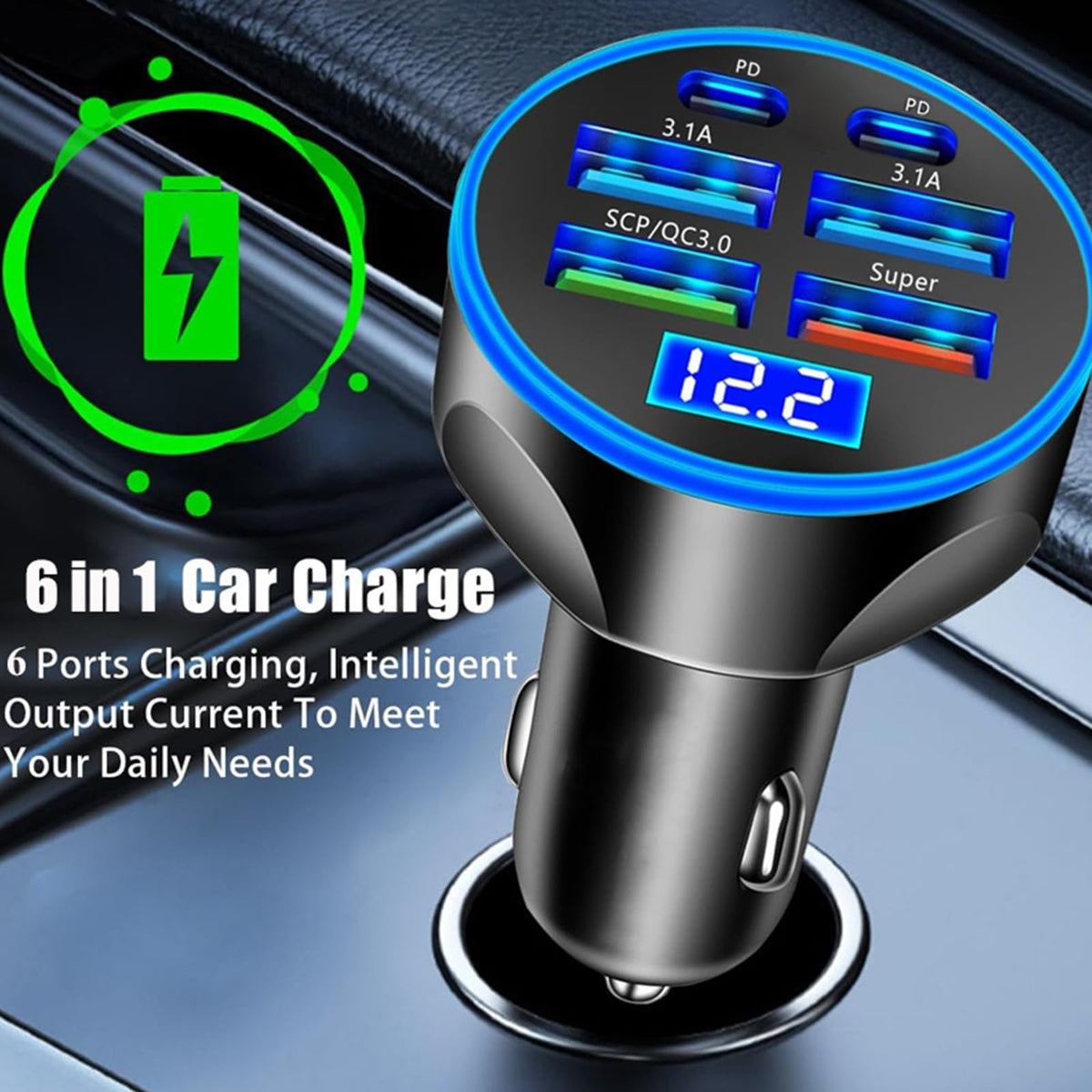 Super Fast Charge USB C Car Phone Charger Adapter 6 in 1 with Voltage Display 250W Multi Port Cigarette Lighter USB Charge for iPhone 18 17 16 15 14 13 12 11 Samsung Galaxy Huawei Oneplus Oppo Vivo