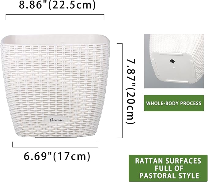 Dexceder 9x8 Self Watering Planter Indoor Outdoor, Inner Mat Design, Thickened Table Flower Plant Pot with Water Level Indicator (Ivory White Rattan)