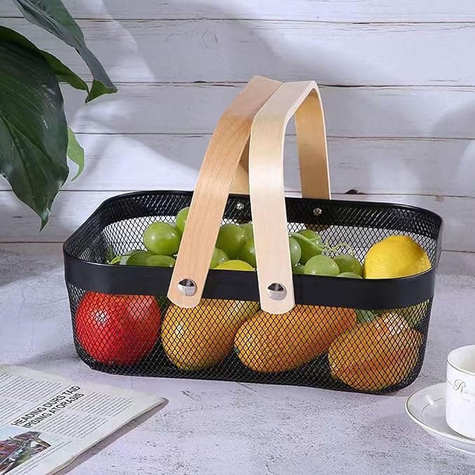 Metal Mesh Steel Basket, Storage Organizer Basket Garden Harvest Basket Multi-functional Kitchen Fruit Baskets Bin with Wooden Handle for Bathroom Picnic Shopping Decor Cabinet Home, Black