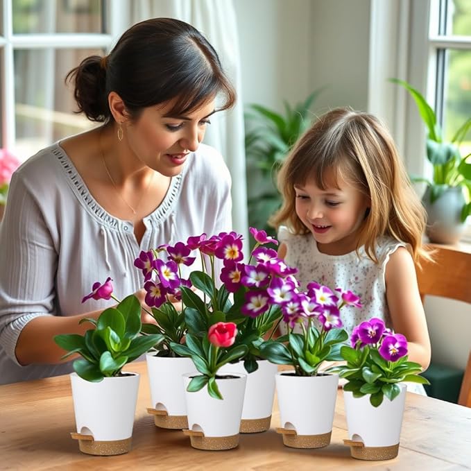 12 Pack 4 Inch Self Watering Plant Pots with Drainage and Saucers，Plastic Flower Pots for Indoor and Outdoor Plants, Nursery Planters for Houseplants and Herbs White Brown, 4 inch 12pcs