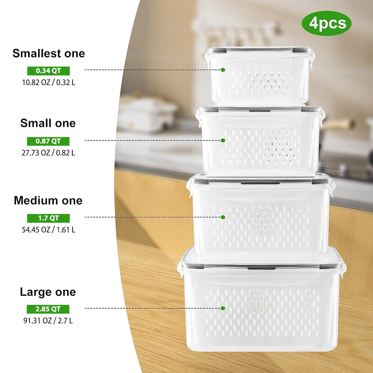 Freshmage Fruit Storage Containers for Fridge with Removable Colander 4 PCS