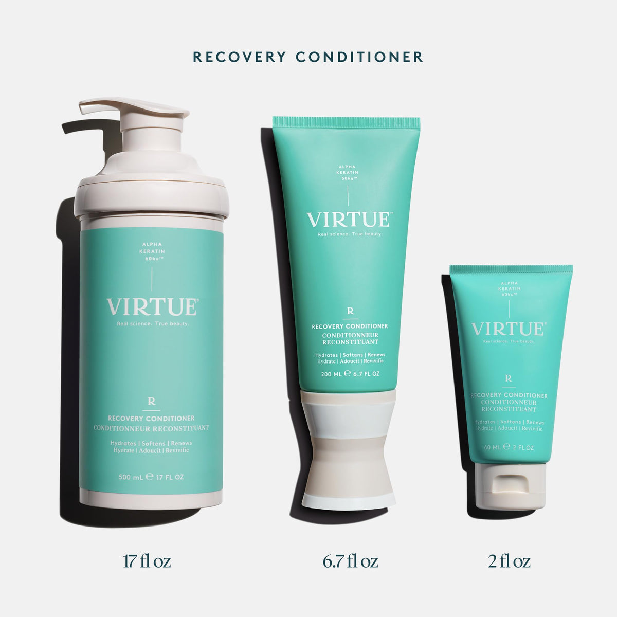 VIRTUE Recovery Conditioner with Keratin Hydrates, Softens, and Renews Damaged Hair, Sulfate Free, Color Safe