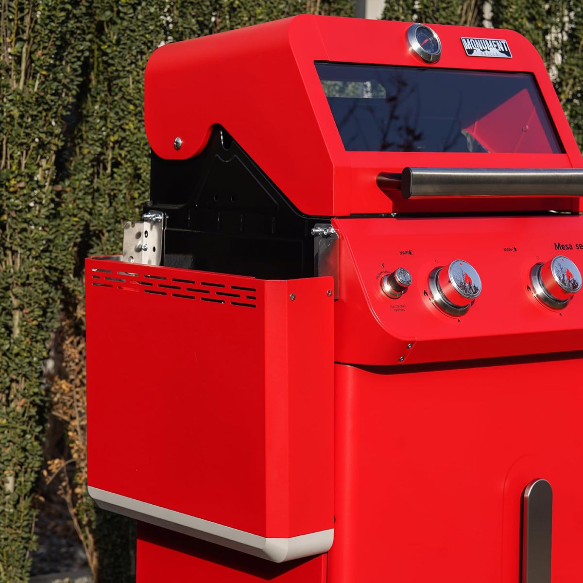 Monument Grills 2-Burner Stainless Steel Liquid Propane Gas Patio Garden Barbecue Grill with Clearview® Lid, Knob Control and Two Foldable Shelves Mesa200R, Red