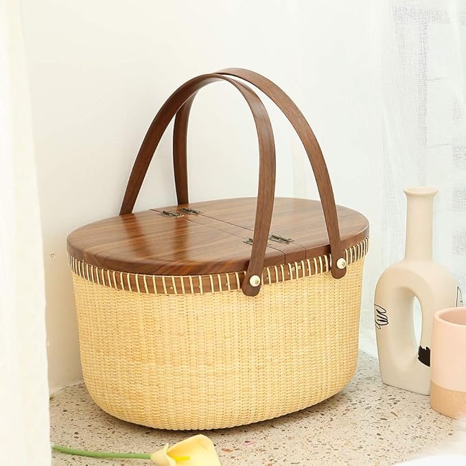 Nantucket Basket Crafts Cane-on-Cane Weave Picnic Basket Shopping Basket Basket Storage Basket Two Swing Handles (Black Walnut Activity Double Open)