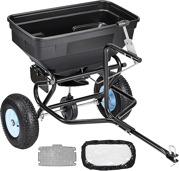 VEVOR Tow Behind Broadcast Spreader, 130LBS Capacity, Tow-Behind Lawn Spreader with 13 in Tires, 30 Adjustable Setting & 9.8 ft Spreading Width, Lawn Spreaders for Seed, Fertilizer, Salt, Ice Melt