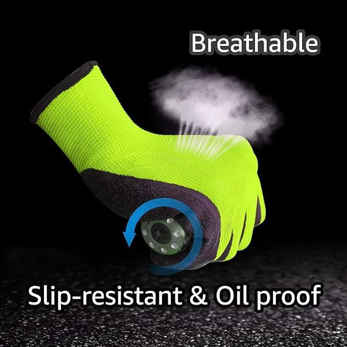 Evridwear Crinkle Latex Rubber Hand Coated Safety Work Gloves for Men Women General Multi Use Construction Warehouse Gardening Assembly Landscaping (M-Size) Lime 120 Pairs Pack