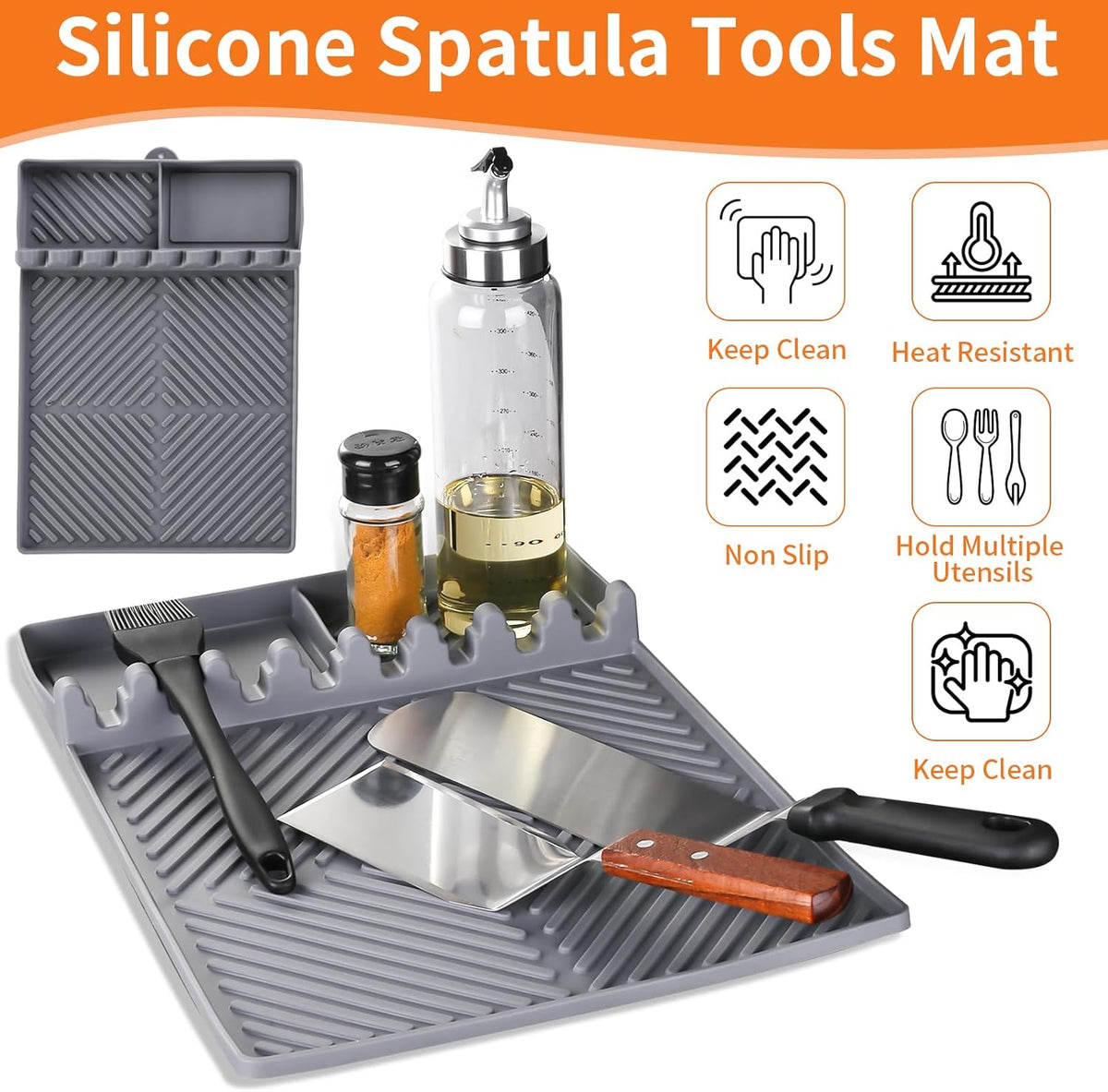Griddle Mat Barbeque Grill Accessories Tools for Blackstone, Side Shelf Mat Grill Pad for Outdoor Grill Kitchen Counter Spatula Silicone Mat with Drip Pad for Kitchen, Cooking, Countertop (Grey)