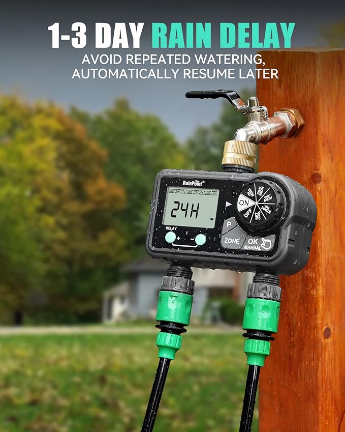 RAINPOINT Brass Sprinkler Timer 2 Stations, Large Digital Water Timer for Garden Hose with 6 Programmable Procedure, with Delay/Manual/Auto Irrigation Mode for Week/Specific/Daily Watering