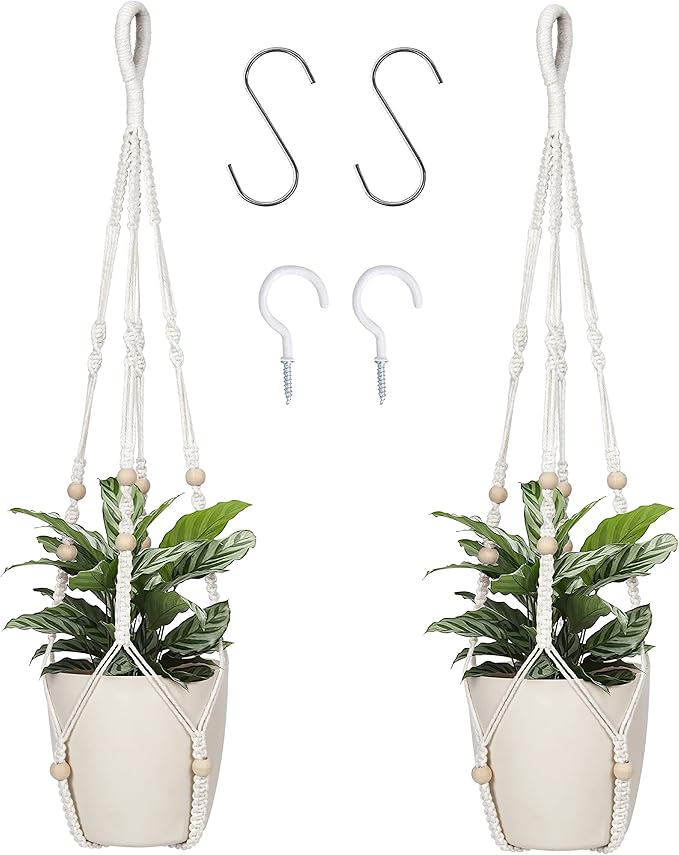 Macrame Plant Hanger Indoor Hanging with Wood Beads Macrame Planters No Tassel for Indoor Outdoor Boho Home Decor 35 Inch (Ivory,2pcs)