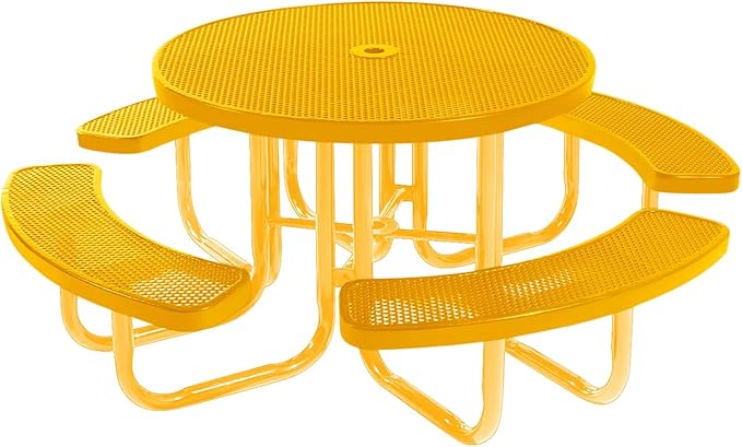 Heavy-Duty Portable Outdoor Picnic Table with Umbrella Hole, Punched Steel Commercial-Grade Patio Furniture Made in America (46" Round Top, Yellow with Yellow Frames)