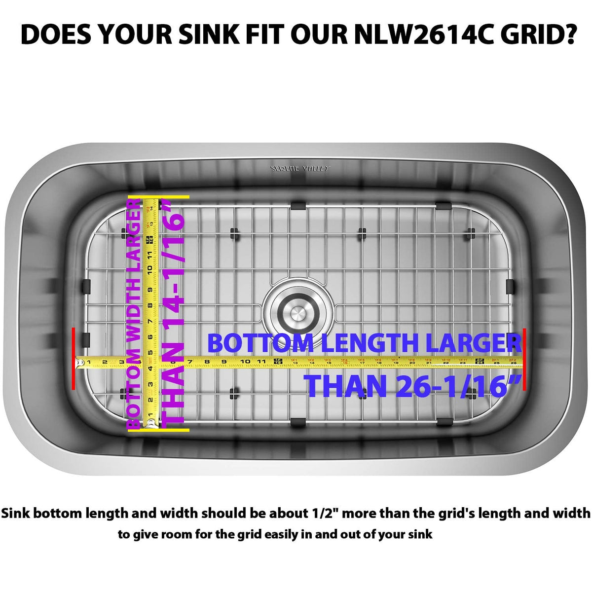 Serene Valley Sink Protector Grid 26-1/16" x 14-1/16", Centered Drain with Corner Radius 3-1/2", 304 Stainless Steel Material NLW2614C