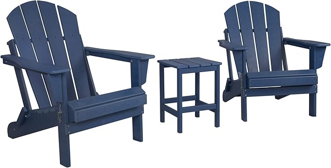 WO Home Furniture Adirondack Chairs Table Set of 3 PCS Outdoor Folding Chairs Side End Table Weather/UV Resistant for Lawn, Garden, Bon Fire, Balcony (Navy Blue)