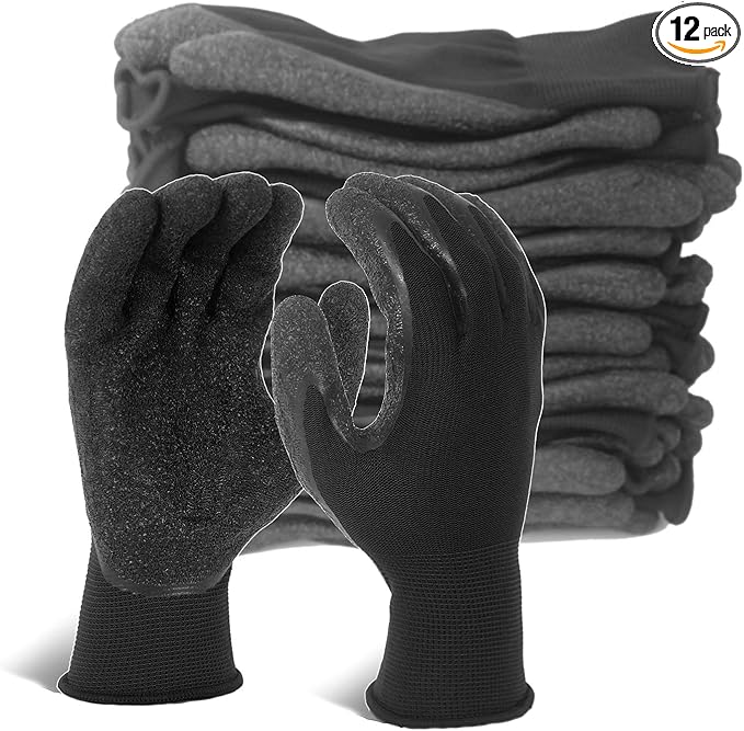 Evridwear Crinkle Latex Rubber Hand Coated Safety Work Gloves for Men Women General Multi Use Construction Warehouse Gardening Assembly Landscaping (XXL-Size) 12 Pairs Pack