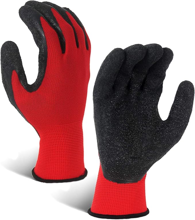 Evridwear Crinkle Latex Rubber Hand Coated Safety Work Gloves for Men Women General Multi Use Construction Warehouse Gardening Assembly Landscaping (M-Size) 12 Pairs Pack