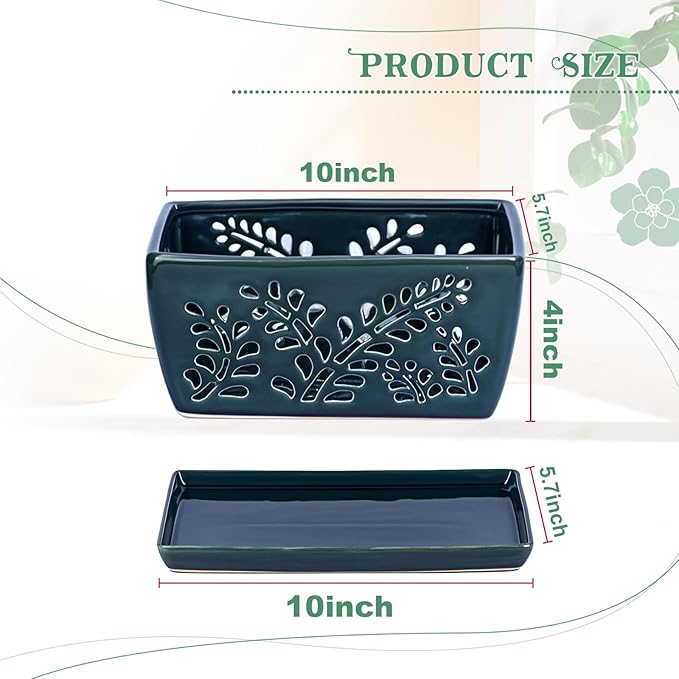 Ceramic Orchid Pot, 10 Inch Rectangular Orchid Pots with Holes, Premium Thickened Handmade Glazed Pot for Orchidaceae Plants, Indoor Outdoor Decorative Flower Pot for Easy Repotting