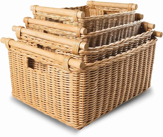 The Basket Lady Pole Handle Wicker Storage Basket, Extra Large, 20 in L x 16 in W x 10 in H, Sandstone