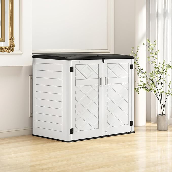 HOMSPARK Storage Shed Weather Resistance, Multi-Purpose Outdoor Storage Cabinet for Backyards and Patios, Horizontal Storage Shed for Lawnmower, Patio Accessories (Off-White, Large - 48 cu.ft)