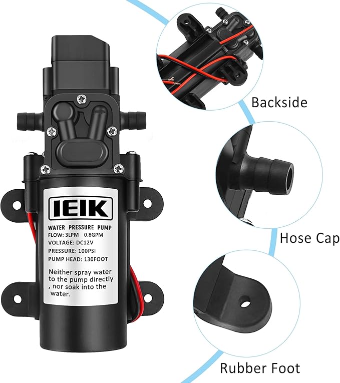 12 Volt Diaphragm Pump 3LPM 0.8 GPM 100PSI Self Priming Sprayer Pump 12V DC Fresh Water Pump Water Pressure Switch for RV Camper Marine Boat Lawn (30W)