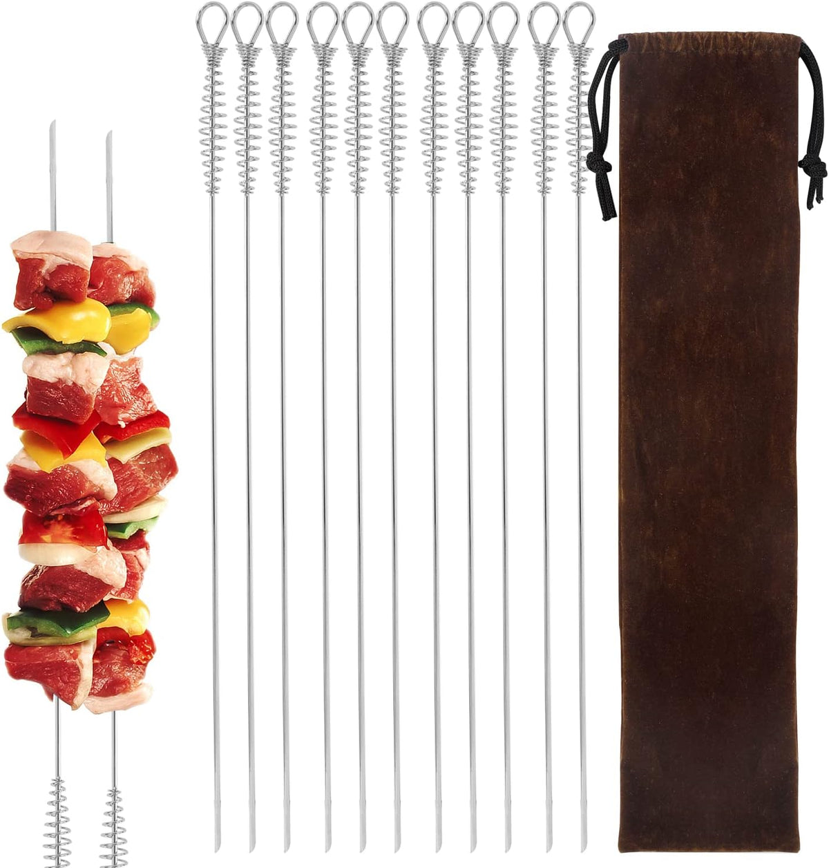16"" 12 Pack - Metal Skewers Flat Long Kabob Skewers Reusable BBQ Barbecue Shish Sticks Skewers for Grilling, Stainless Steel, Sliver