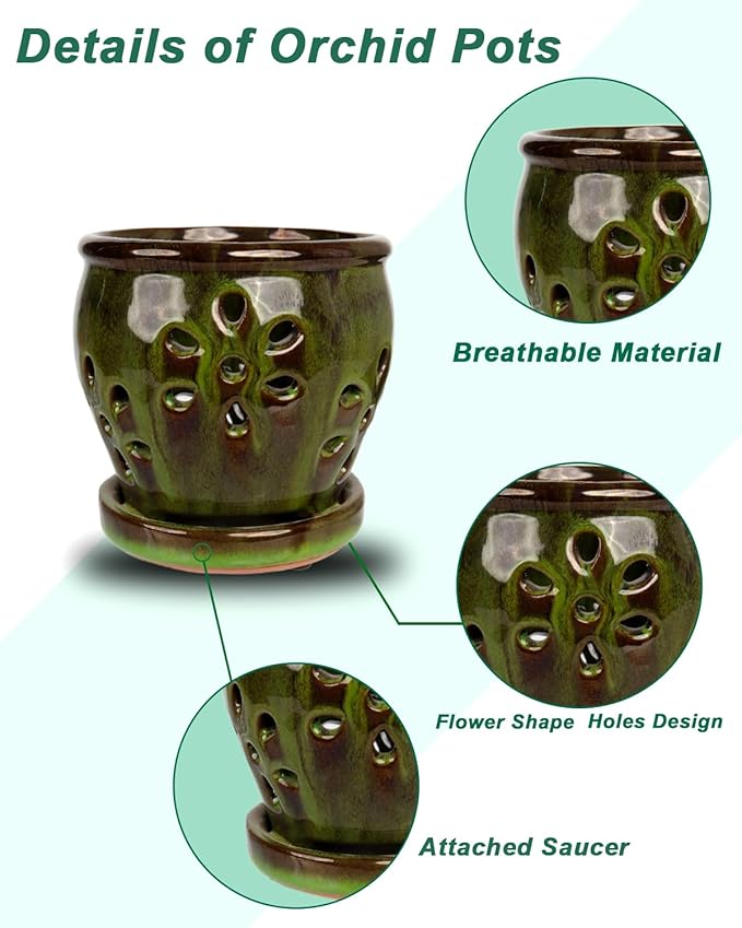 vensovo 5 Inch Ceramic Orchid Pots with Holes and Saucers - 1 Pcs Small Succulent Pot for Repotting, Garden Flowerpots for Plants Indoor and Outdoor Promotes Air Circulation, Yellow Mixed Brown