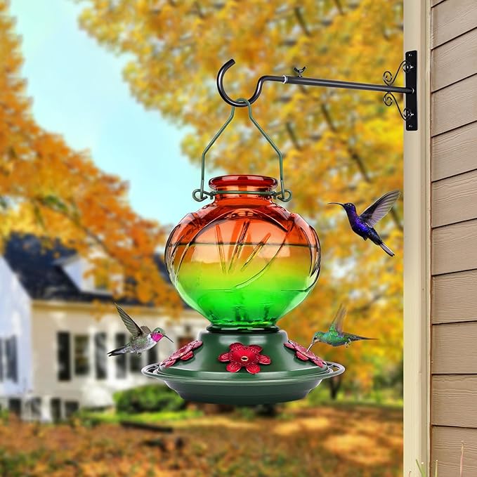 BOLITE Hummingbird Feeder, Glass Hummingbird Feeders for Outdoors Hanging, 22 Ounce, Five Feeding Ports with Perch, Peony Flower Shape, Orange and Green, Gifts for Women Men, Gifts for Mom Dad