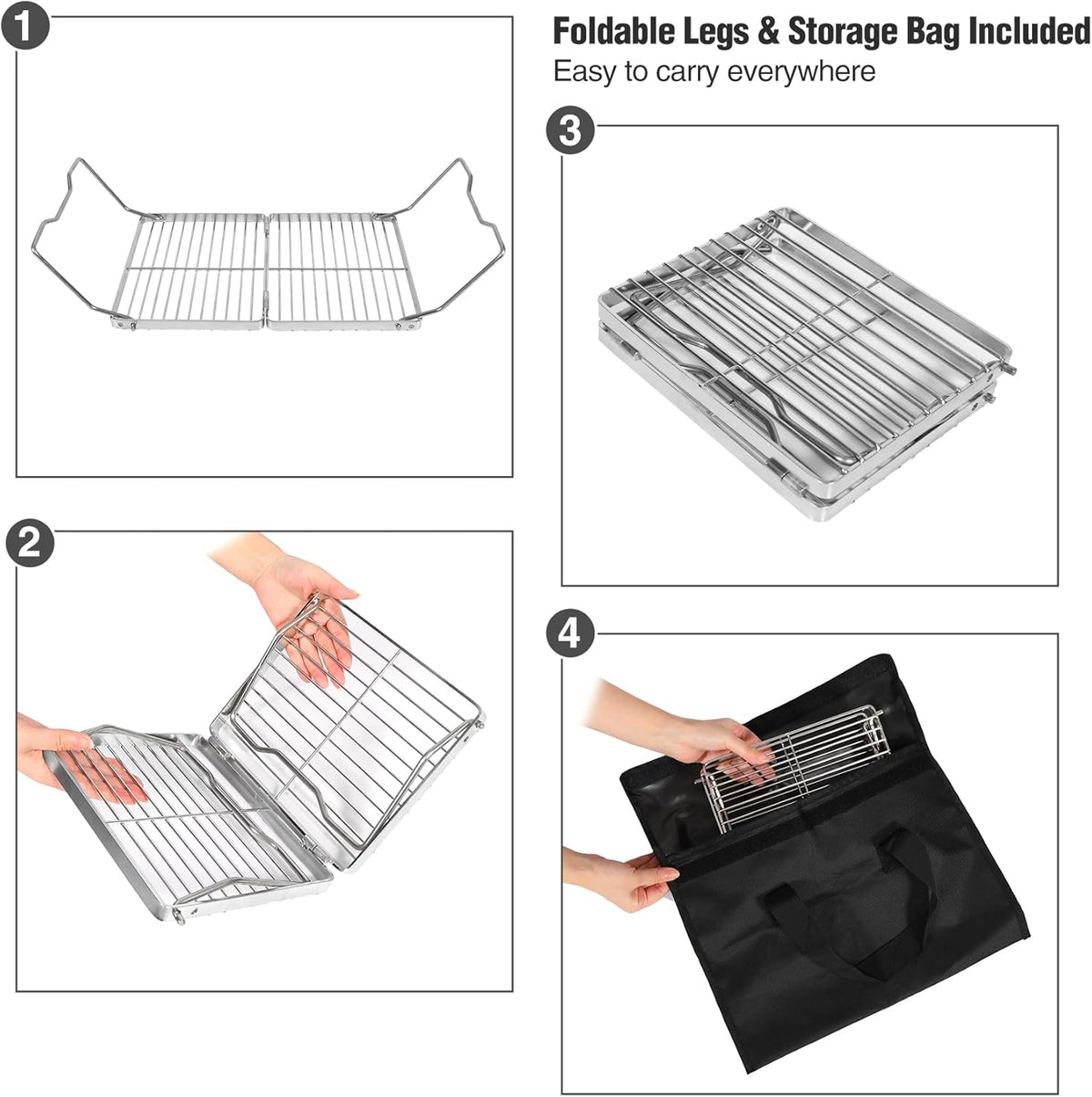 REDCAMP Folding Campfire Grill 304 Stainless Steel Grate, Adjustable Height Portable Camping Grill with Carrying Bag for Outdoor Cooking BBQ