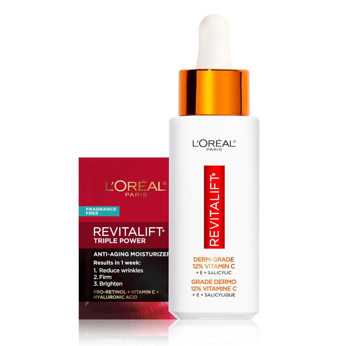 L'Oreal Paris Revitalift 12% Pure Vitamin C Serum, Brightening Serum For Face with Vitamin E, Salicylic Acid, 1 oz + Moisturizer Sample
