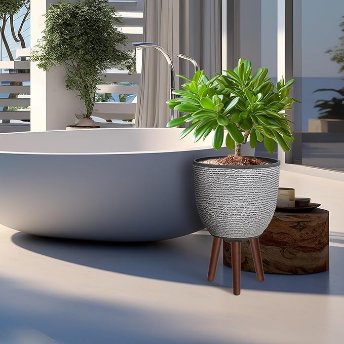 12 Inches Plant Pot with Stand, Large Decorative Standing Planters with Drainage Holes for Indoor Plants, Modern Gray Flower Pots with Legs