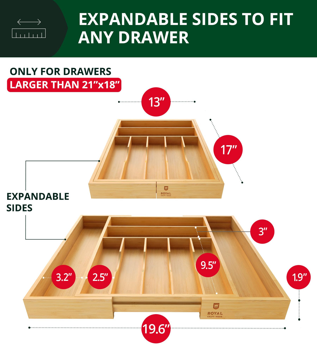 ROYAL CRAFT WOOD Luxury Bamboo Kitchen Drawer Organizer for Kitchen Organization - Silverware Organizer, Utensil Holder & Cutlery Tray Drawer Dividers for Flatware Silverware Storage, 9 Slot, Natural