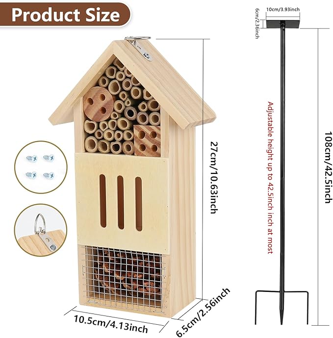 Wooden Insect House, Bee House with Metal Stake for Gardens, Insect Hotel & Butterfly Hotel on The Ground or Hanging on Tree Wall, Natural Insect Habitat for Bee, Butterfly, Ladybirds, Bugs