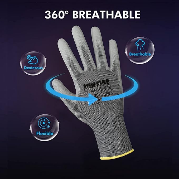 DULFINE Safety Work Gloves for Men PU Coated 60 Pairs Bulk Pack,Grey Yellow Seamless Knit Glove with thin Polyurethane Coated Smooth Grip on Palm & Fingers,Ideal for General Duty Work (Small)