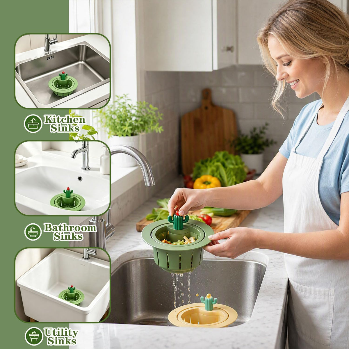 4Pcs Cactus Kitchen Sink Drain Strainer,2026 Upgrade Press to Dump Basket Waste Collector,Multifunctional Kitchen Sink Drain Strainer Fun Sink Accessory for Home Bathroom (Green+Yellow)