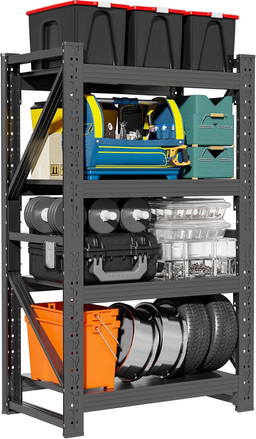4-Tier Storage Shelves,79" H Heavy-Duty Garage Shelving Unit,Adjustable Industrial Metal Shelf System,4,000lbs Capacity,Tool Organizer for Garage,Workshop,48" W*24" D*79" H,Black