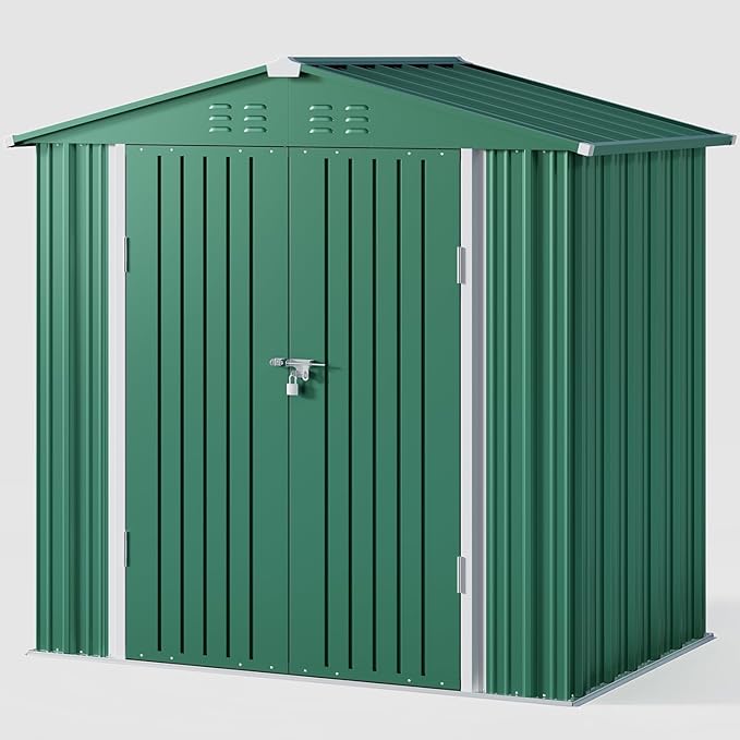 Gizoon Outdoor Storage Shed 6 x 4 FT, Galvanized Metal Garden Shed with Double Lockable Doors, Outdoor Storage Clearance for Backyard Patio Lawn-Green