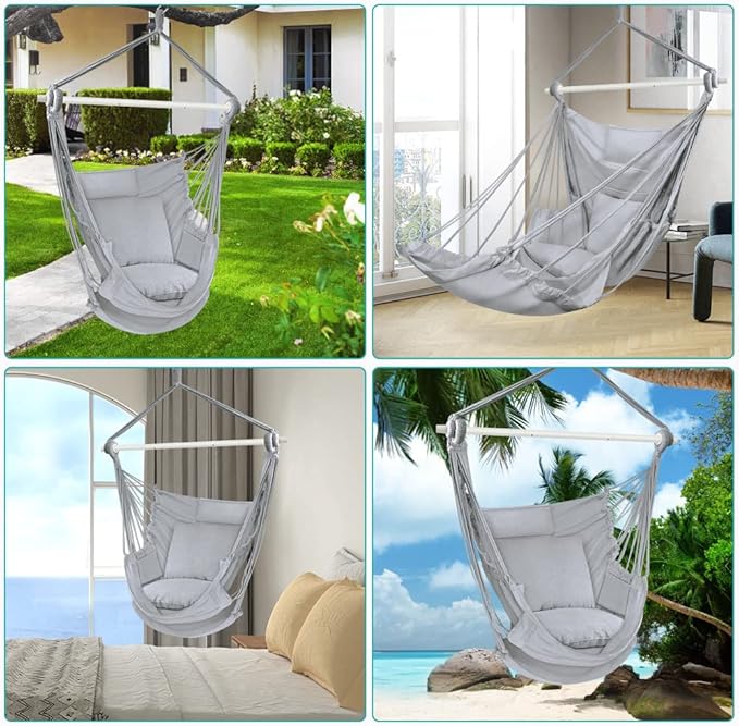 Outerman Hammock Chair, Hanging Chair with 3 Cushions and Foot Rest Support, Sturdy Metal Spreader Bar Max 440 Lbs, Swing Chair for Bedroom, Indoor & Outdoor, Patio, Porch or Tree（Gray）